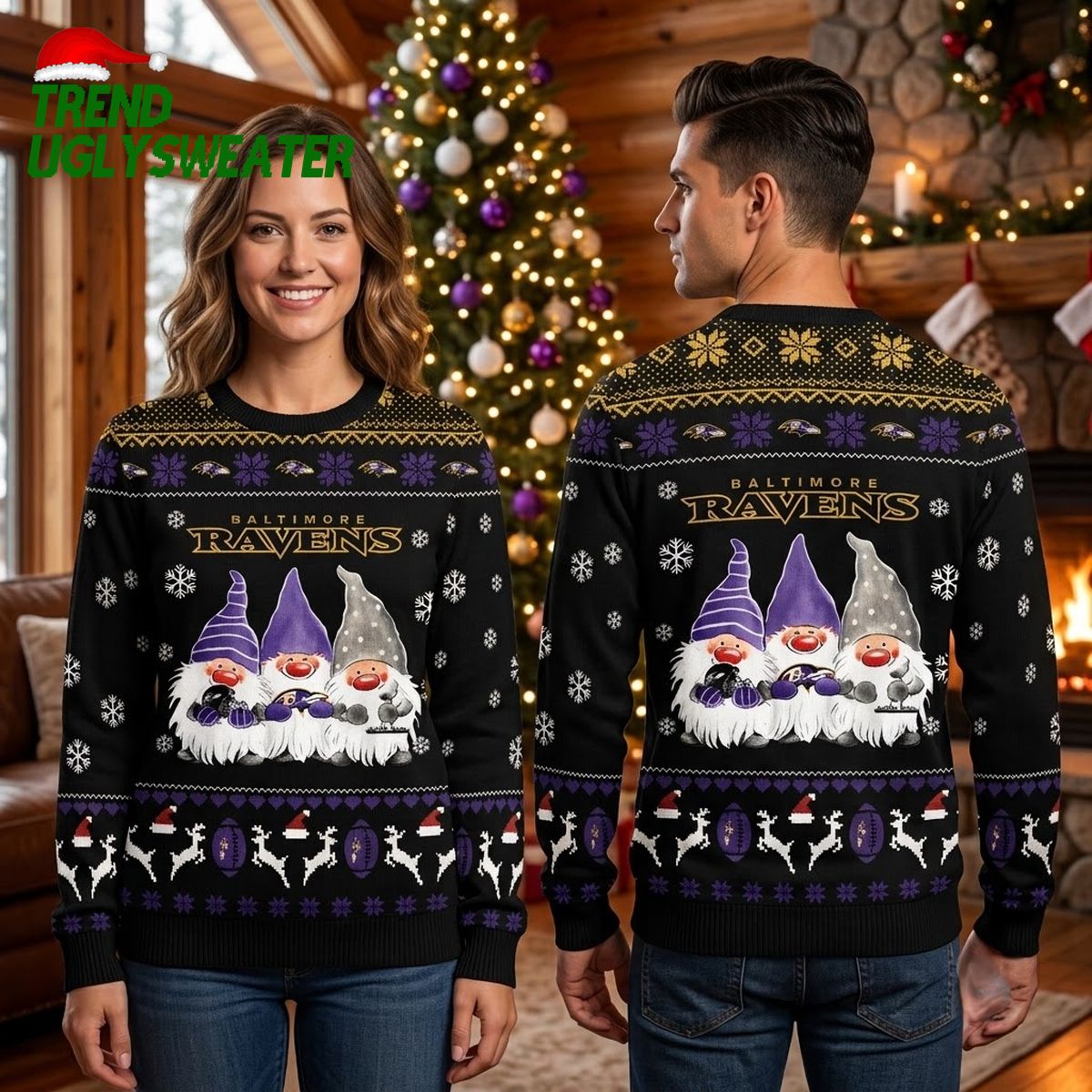 Baltimore Ravens Christmas Gnome Trio Ugly Christmas Sweater