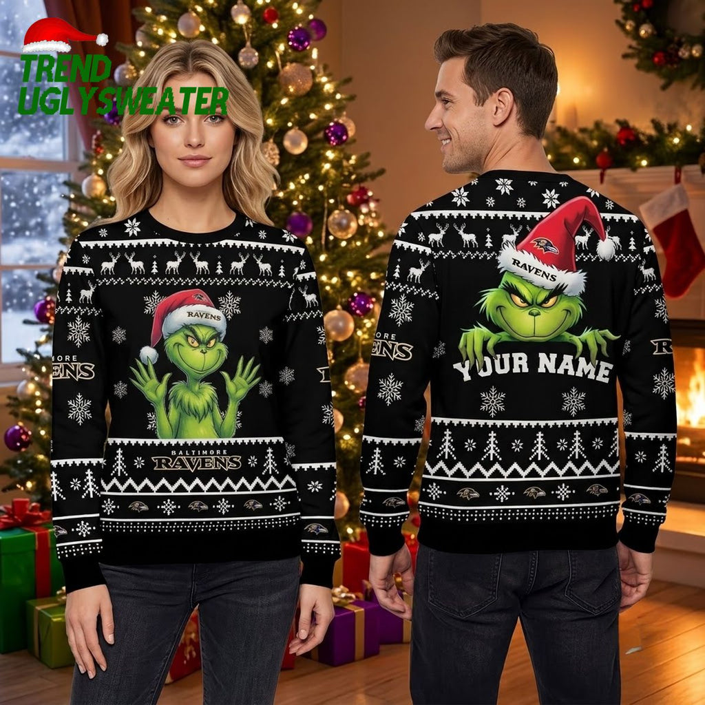 Baltimore Ravens Grinch Football Custom Name Ugly Christmas Sweater