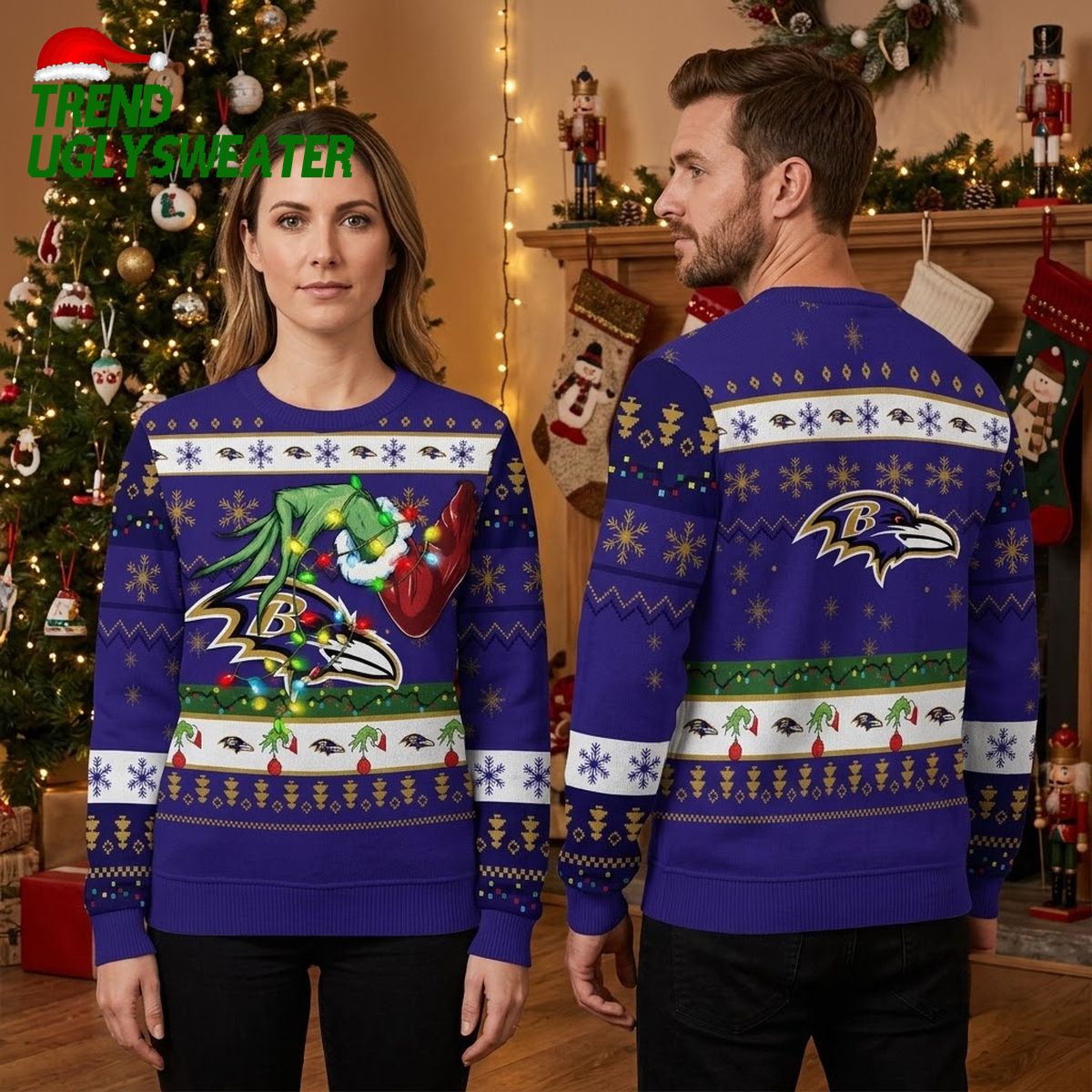 Baltimore Ravens Grinch Hand With Christmas Lights Ugly Christmas Sweater
