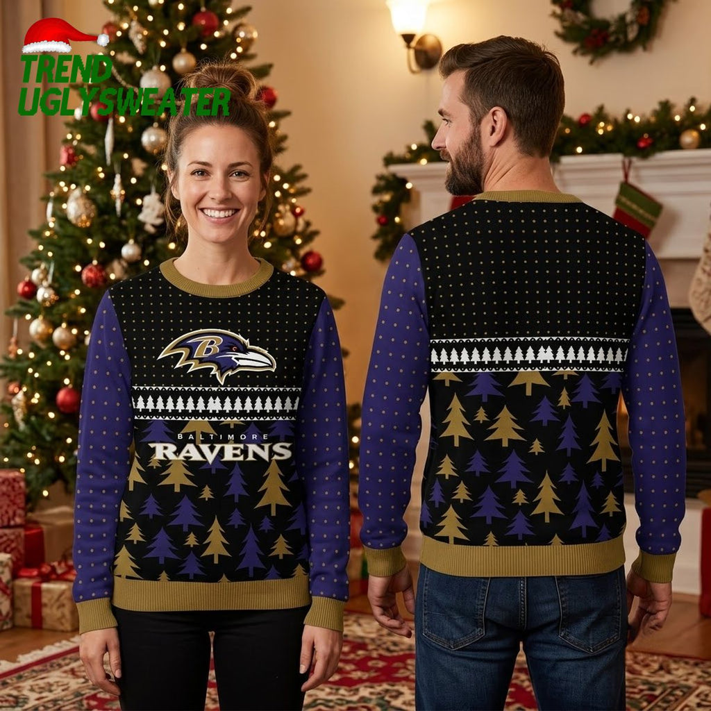 Baltimore Ravens Logo Christmas Tree Pattern Ugly Christmas Sweater