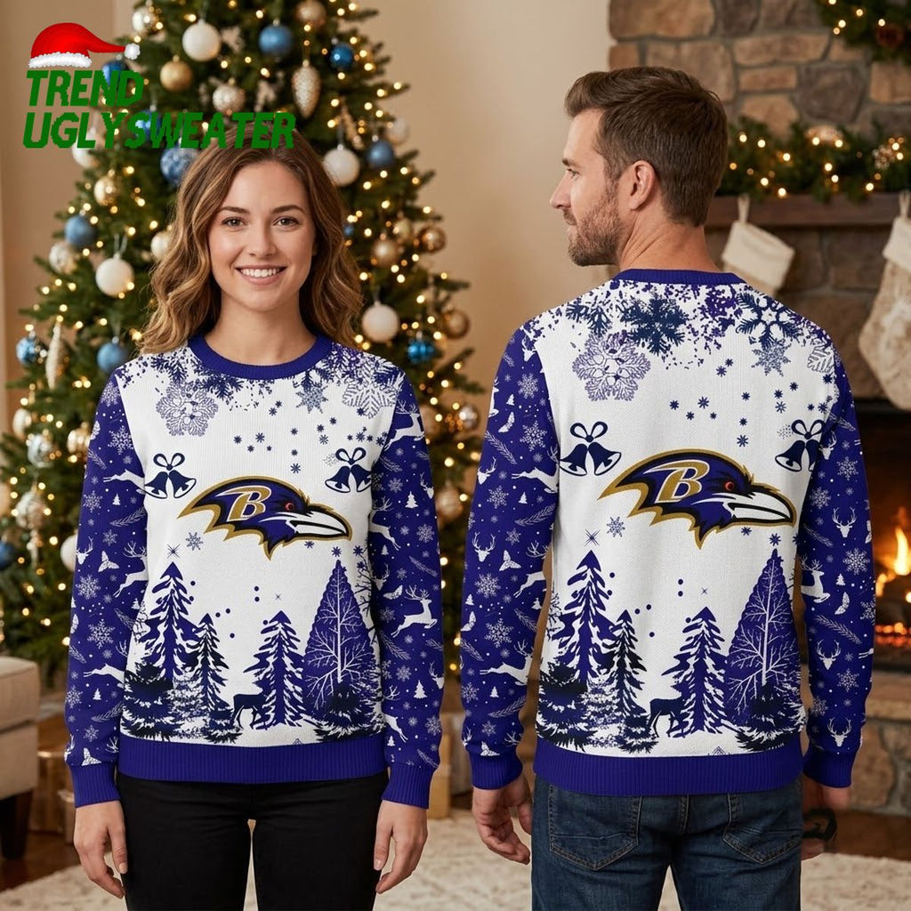 Baltimore Ravens Logo Snowflakes And Winter Forest Ugly Christmas Sweater
