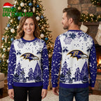 Baltimore Ravens Logo Snowflakes And Winter Forest Ugly Christmas Sweater