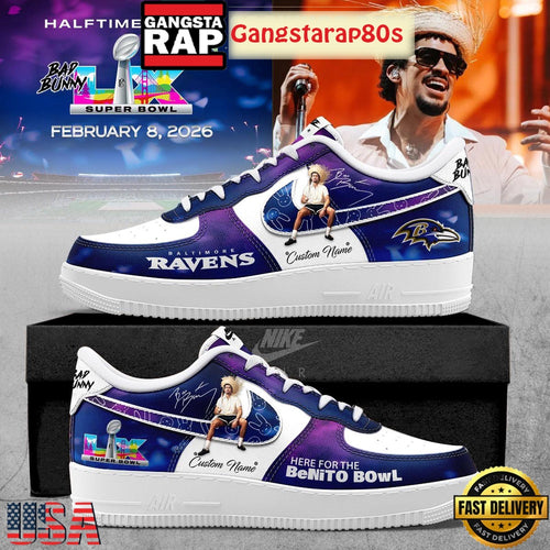 Baltimore Ravens NFL Bad Bunny Here For The Benito Bowl 2026 Custom Air Force 1 Sneakers Shoes