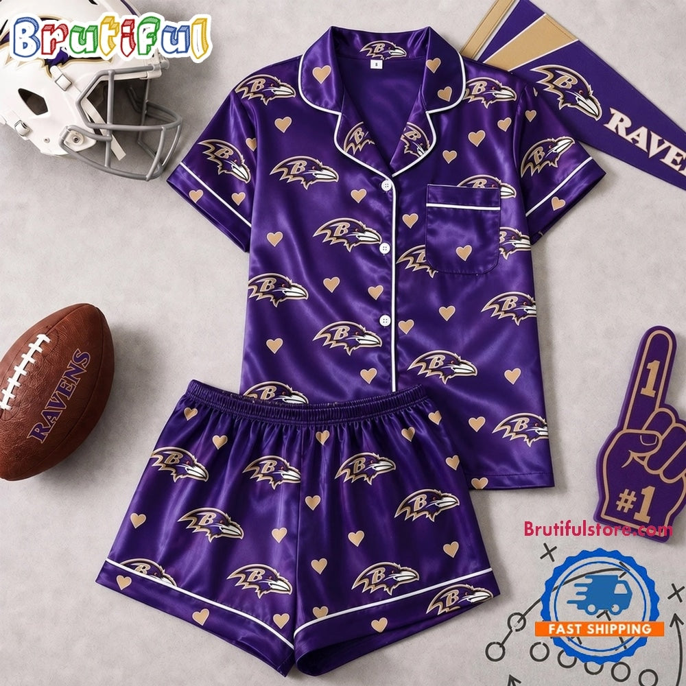 Baltimore Ravens NFL Logo Team Love Satin Short Sleeve Pajamas Set
