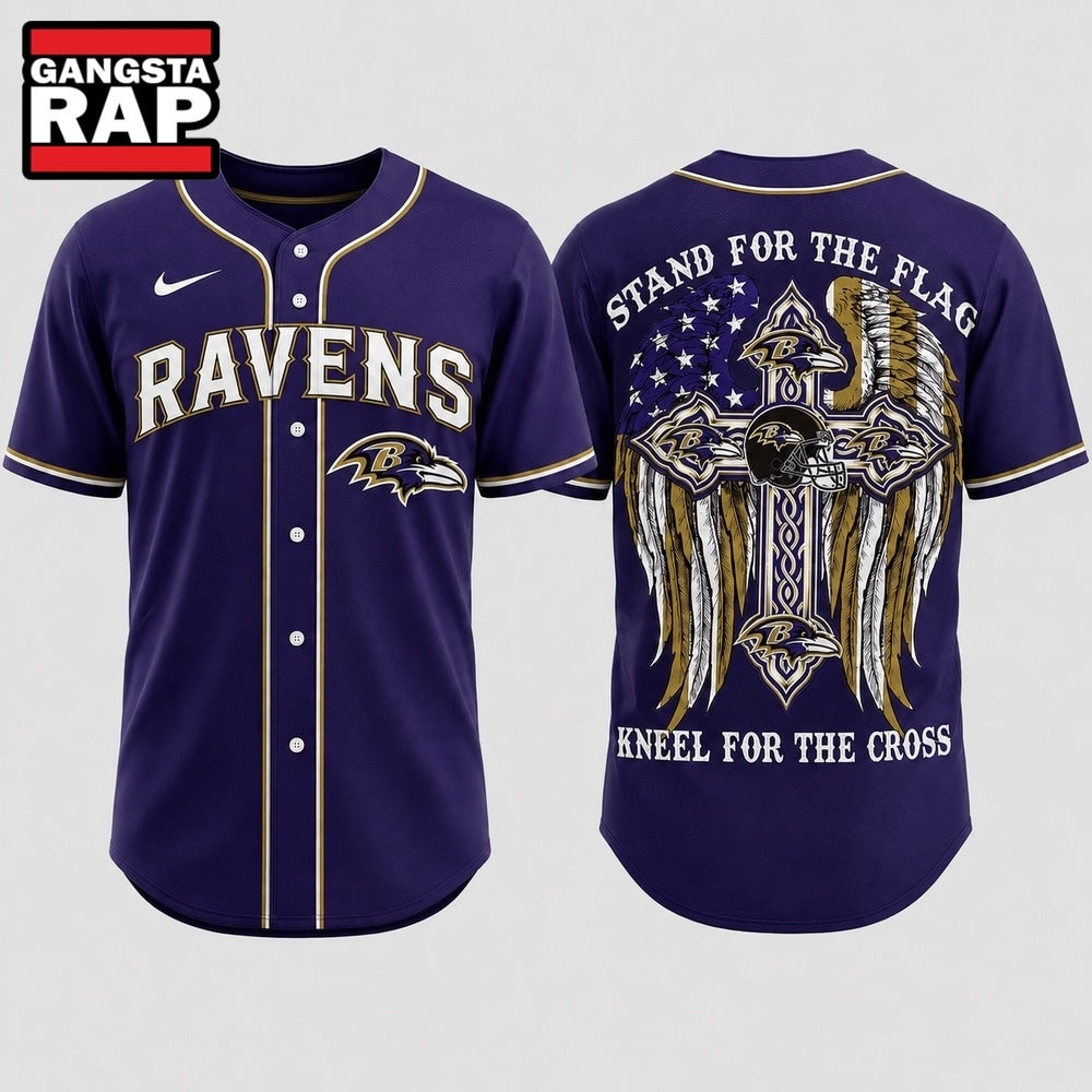 Baltimore Ravens NFL Stand For The Flag Kneel For The Cross Baseball Jersey Shirt