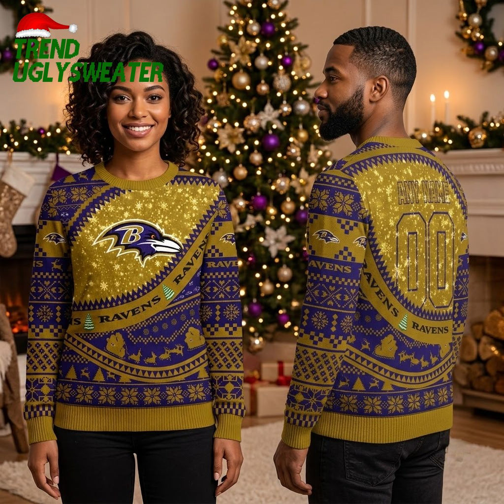 Baltimore Ravens Personalized Custom Name And Number Ugly Christmas Sweater