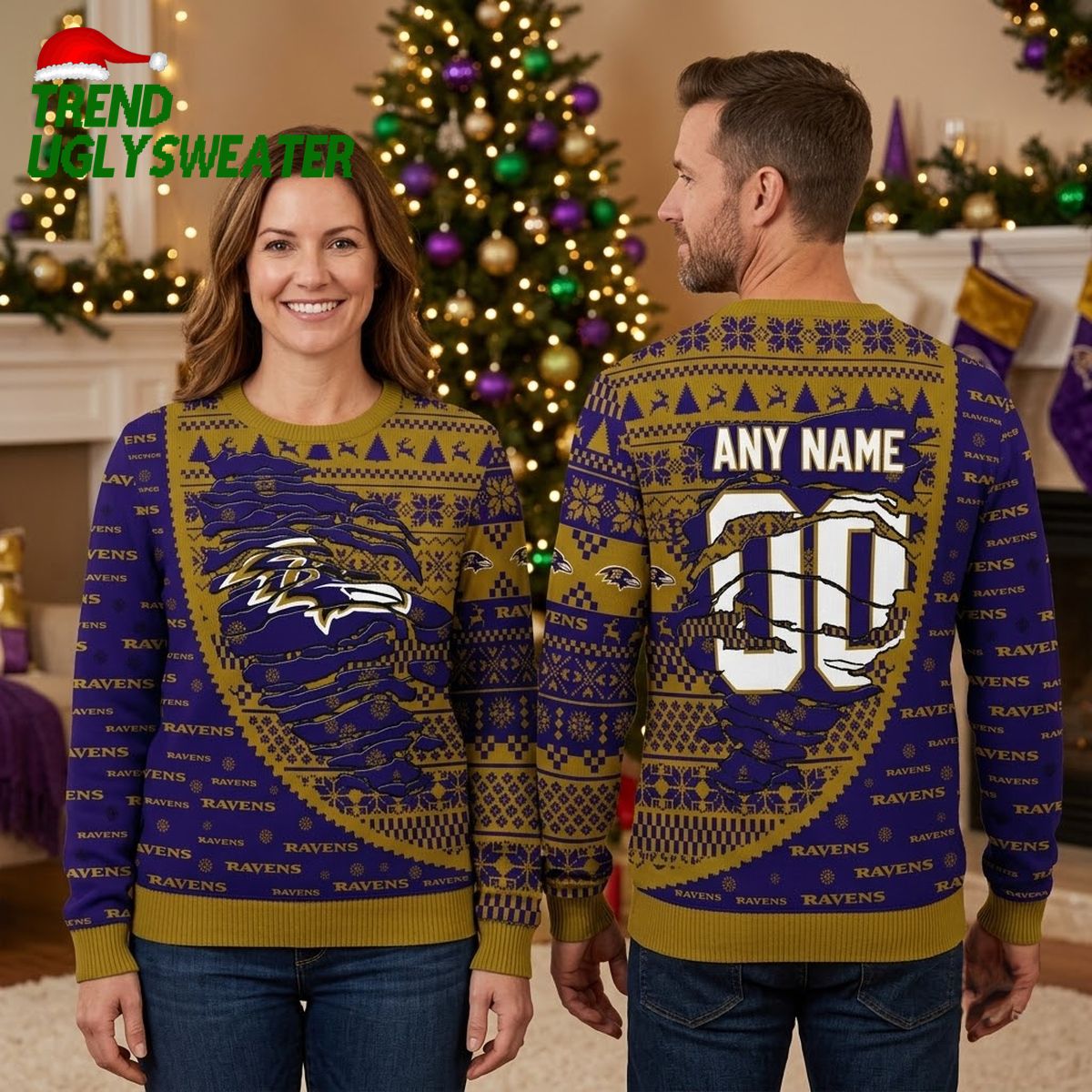 Baltimore Ravens Santa Custom Name And Number Ugly Christmas Sweater