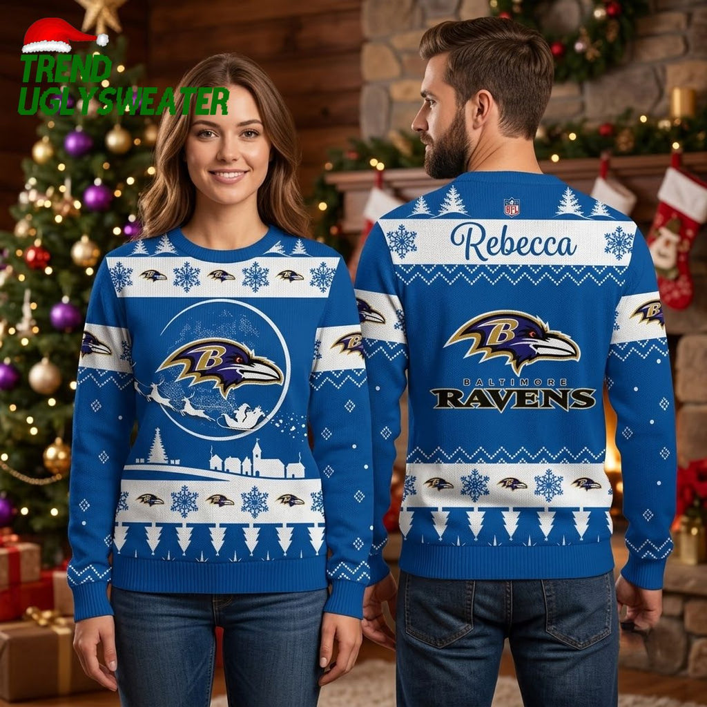 Baltimore Ravens Santa Sleigh Name Ugly Christmas Sweater