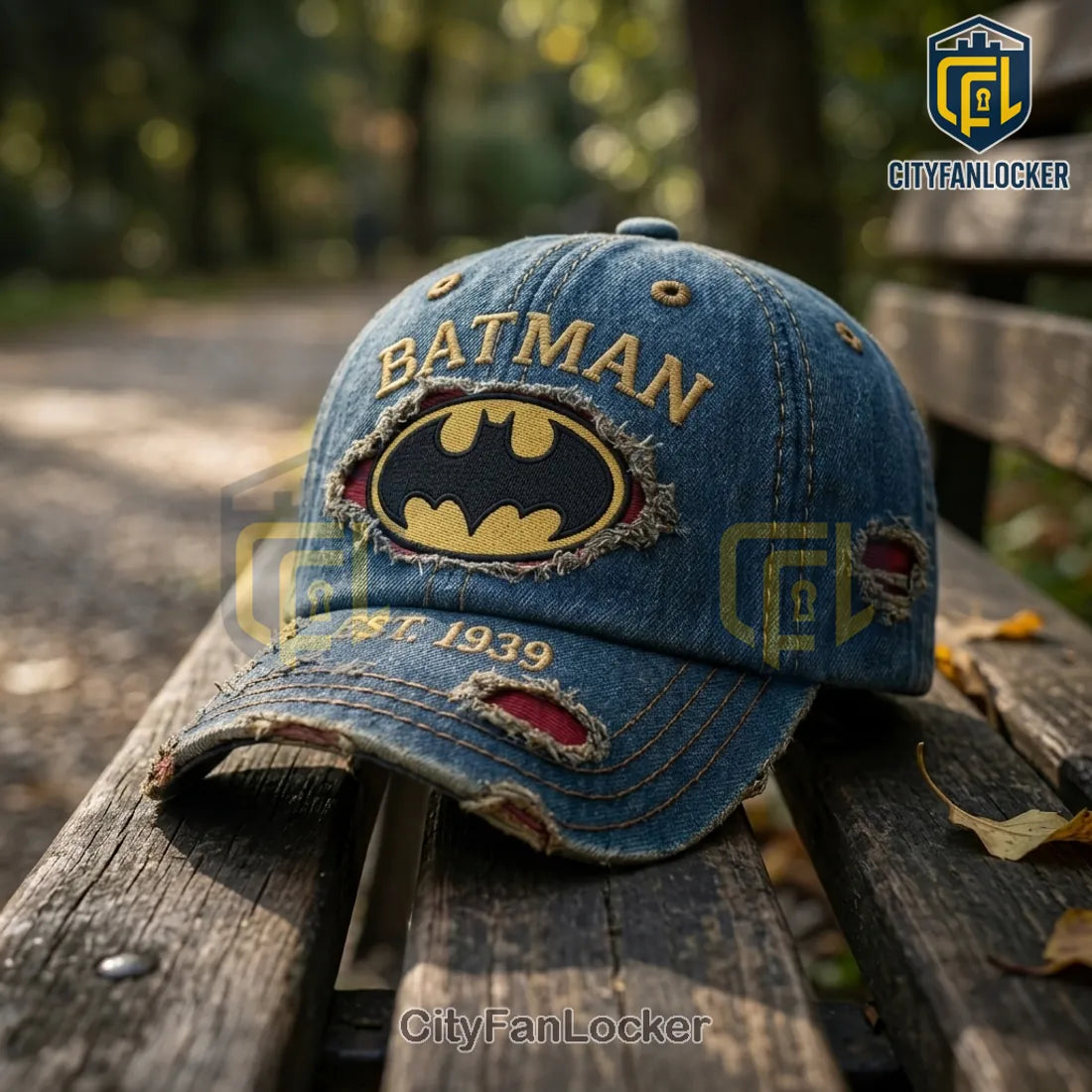 Batman Dark Knight EST 1939 Distressed Blue Denim Baseball Cap