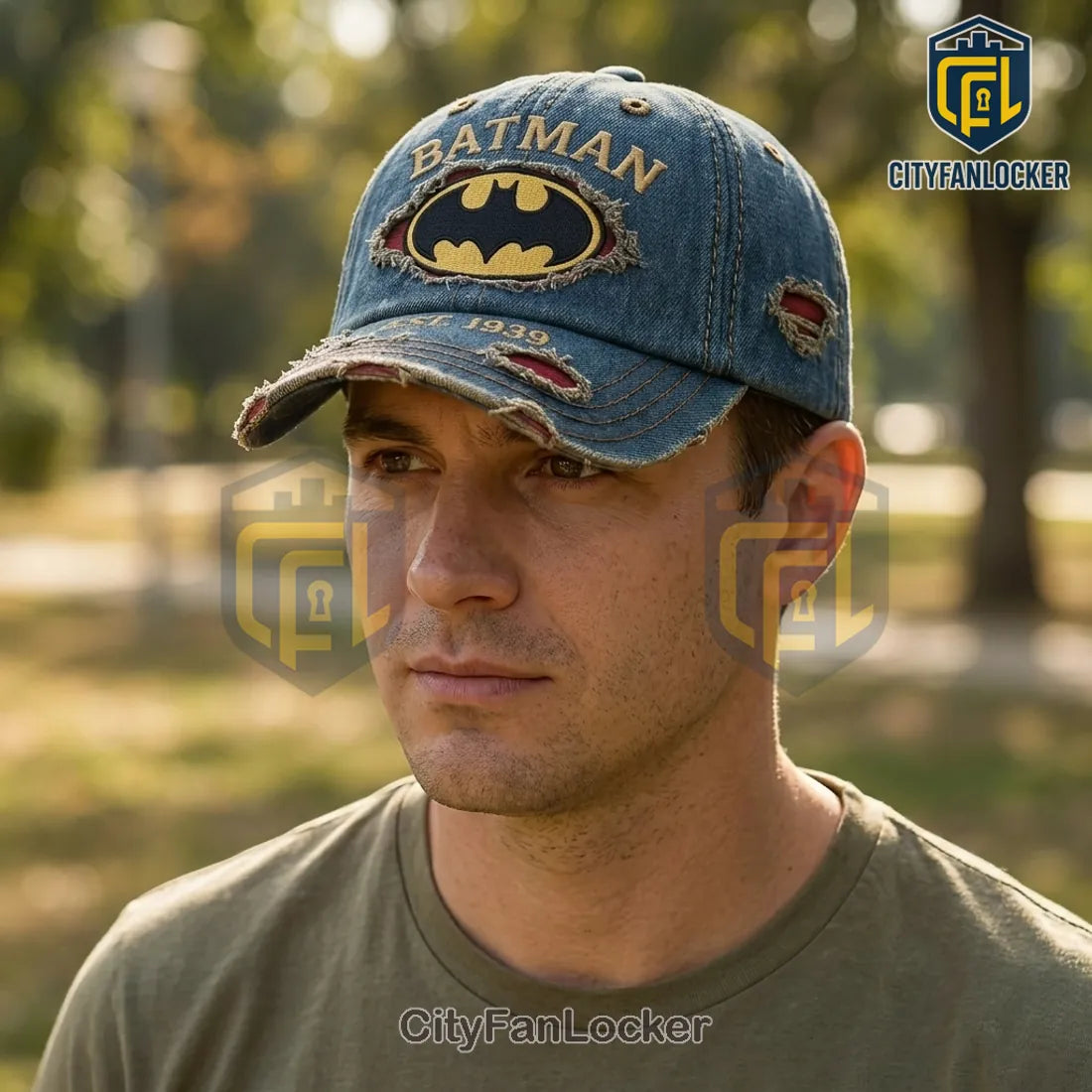 Batman Dark Knight EST 1939 Distressed Blue Denim Baseball Cap