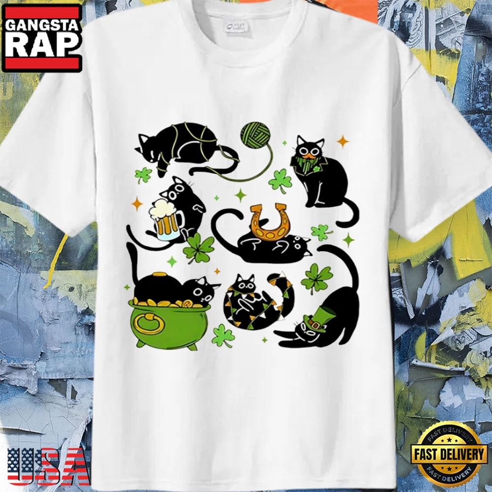 Black Cat Green Shamrock St T-Shirt