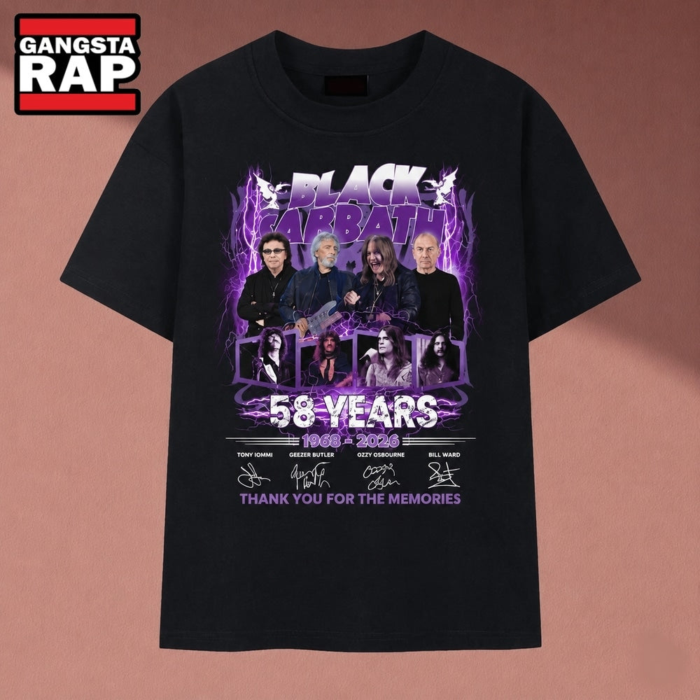 Black Sabbath 58 Years 1968 2026 Band Signatures Rock Graphic T Shirt, Music 2D Shirt