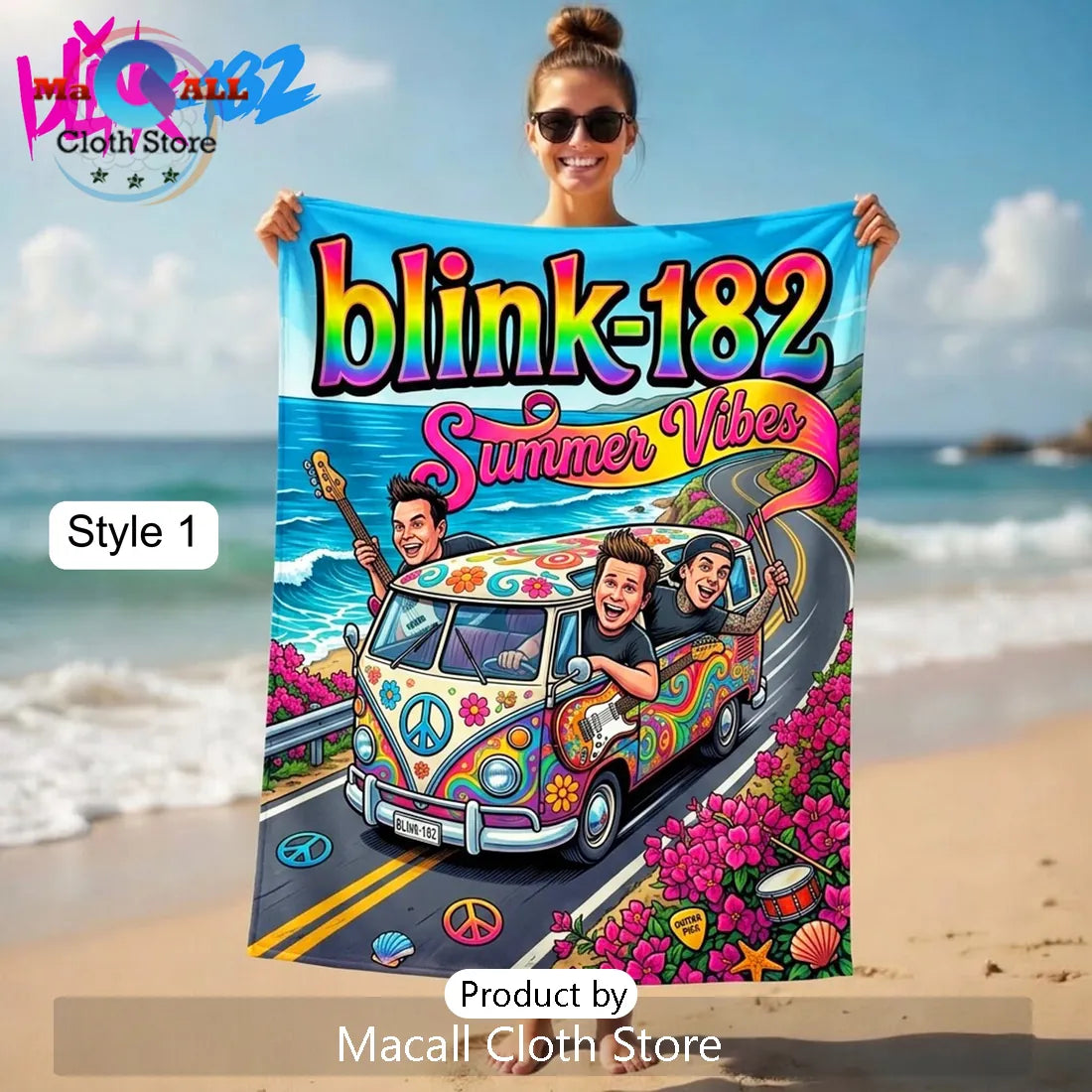 Blink-182 Summer Vibes Vibrant Psychedelic Band Art Beach Towel