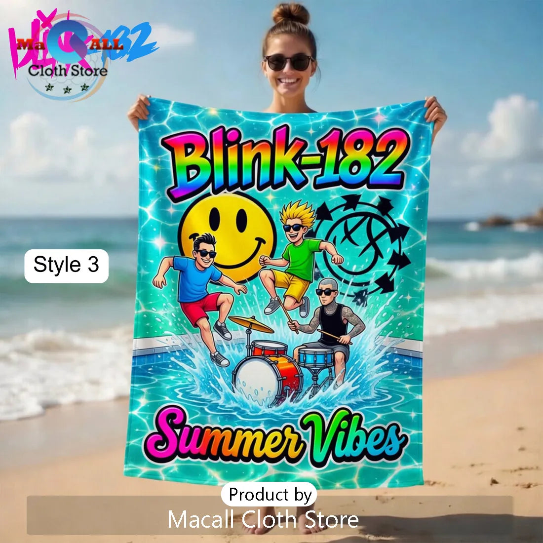 Blink-182 Summer Vibes Vibrant Psychedelic Band Art Beach Towel