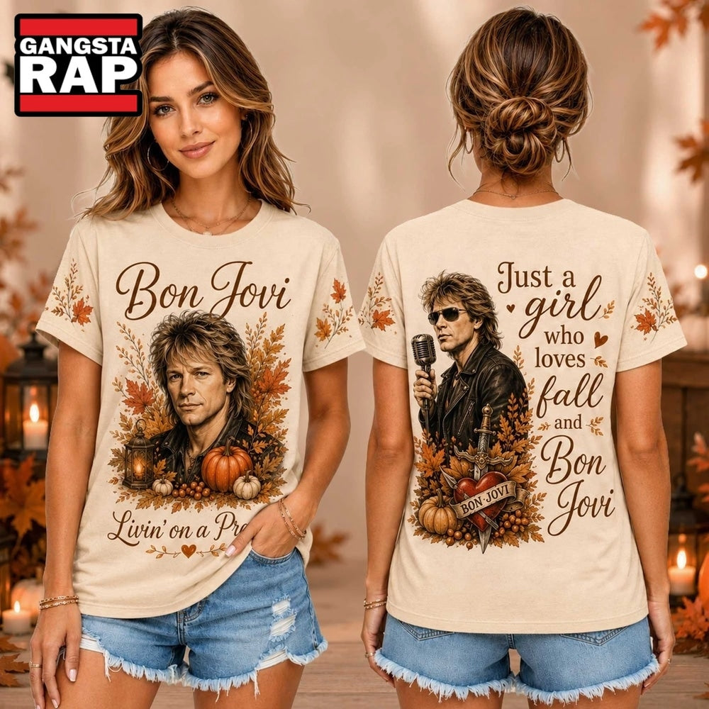 Bon Jovi Autumn Leaves Pumpkin Portrait Unisex 3D Shirt , Music Trend Shirt