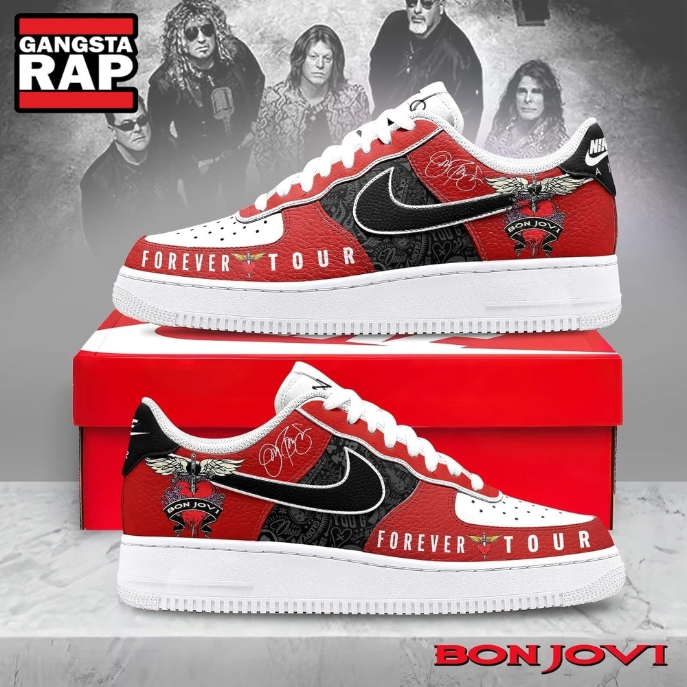 Bon Jovi Forever Tour Red & Black Classic Rock Graphic Custom Air Force 1 Shoes, Music Air Force 1 Shoes
