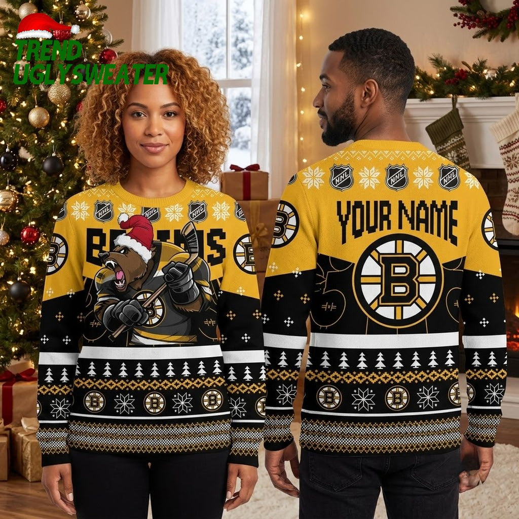 Boston Bruins Bear Mascot Hockey Player Personalized Name Ugly Christmas Sweater