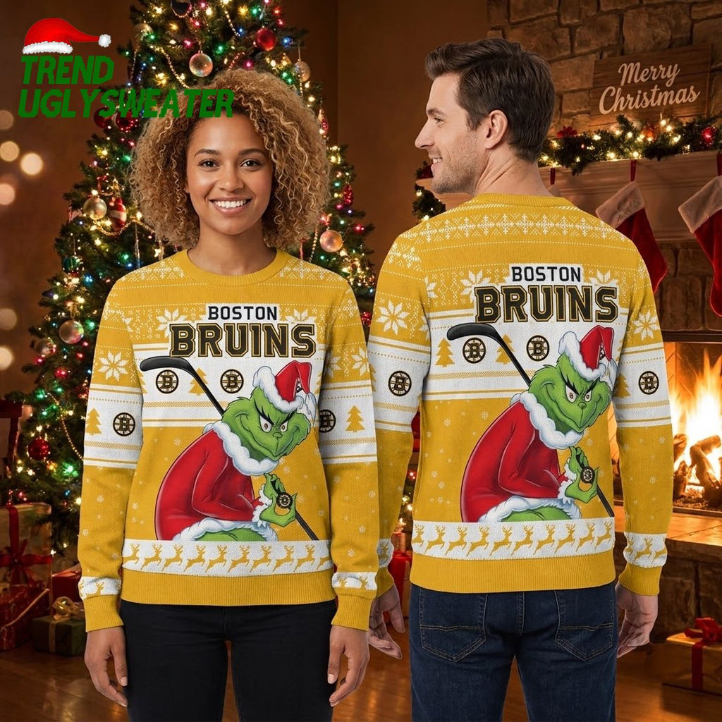 Boston Bruins Grinch Playing Hockey Ugly Christmas Sweater