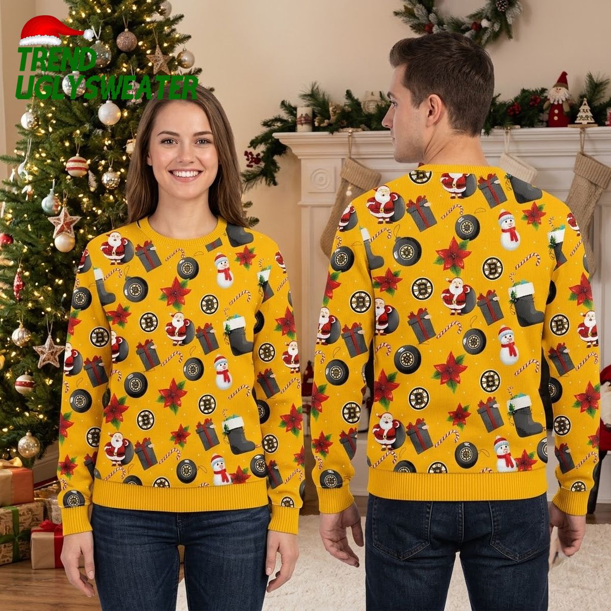 Boston Bruins Hockey Puck Santa Snowman Pattern Ugly Christmas Sweater