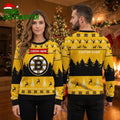 Boston Bruins Logo Reindeer And Christmas Trees Custom Name Ugly Christmas Sweater