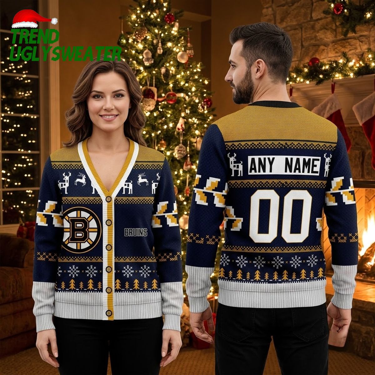 Boston Bruins Logo Reindeer Pattern Personalized Name And Number Ugly Christmas Sweater