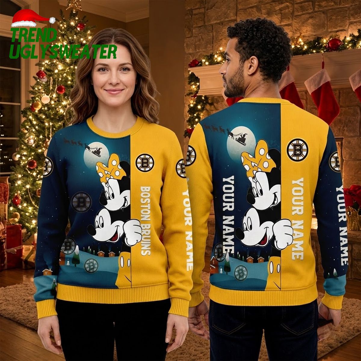 Boston Bruins Mickey Mouse Custom Name Ugly Christmas Sweater