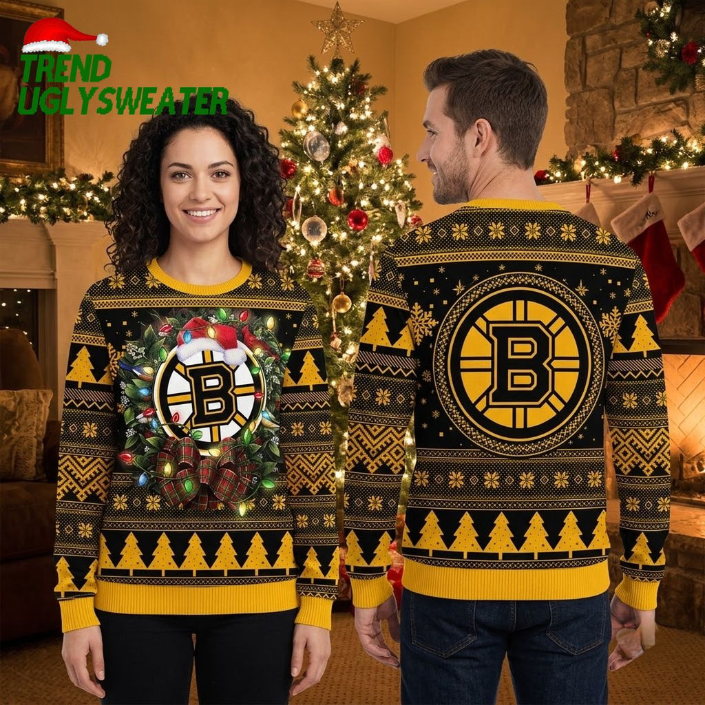Boston Bruins Santa Hat Logo Christmas Wreath Ugly Christmas Sweater