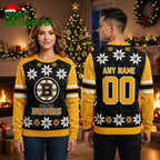 Boston Bruins Snowflake Logo Personalized Name And Number Ugly Christmas Sweater