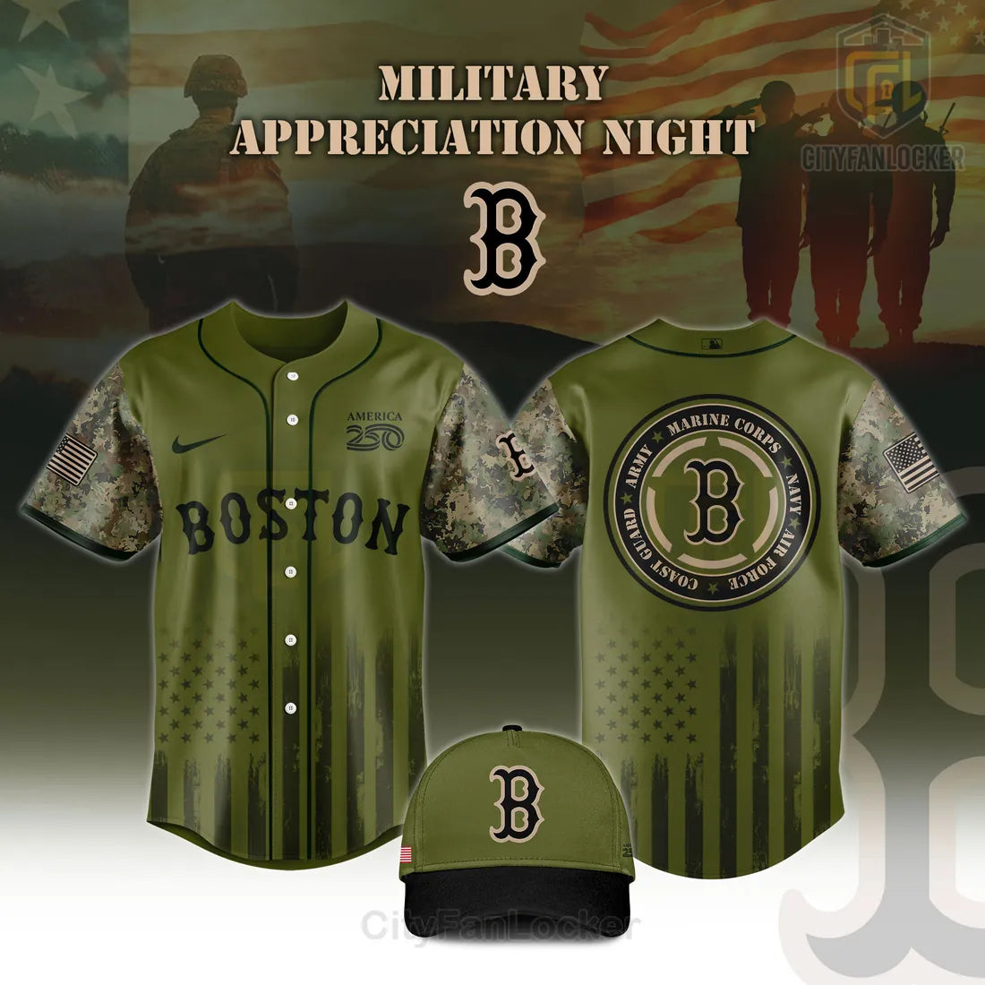 Boston Red Sox 2026 Military Appreciation America 250 Camo Baseball Jersey