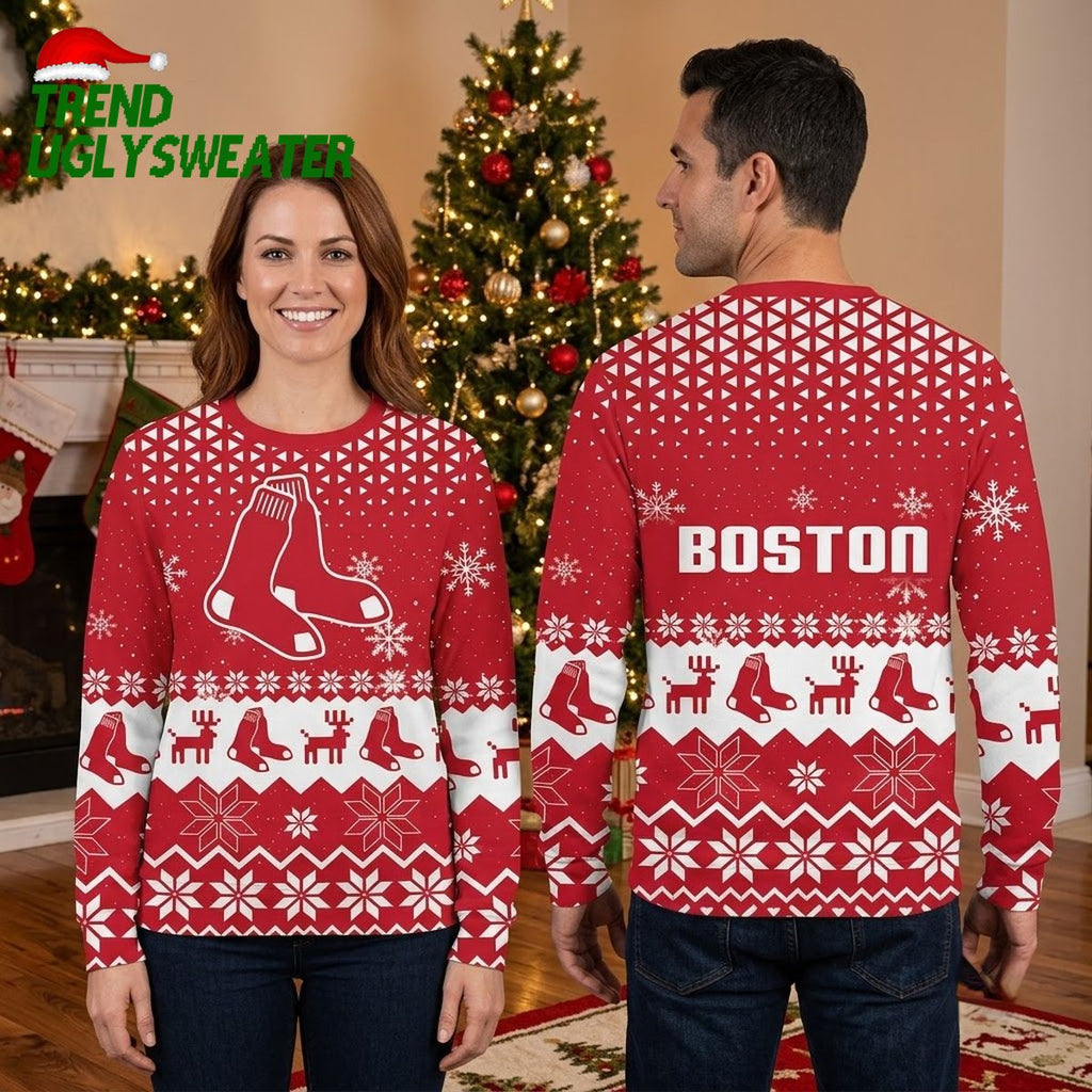 Boston Red Sox Baseball Socks And Reindeer Gift For Red Sox Fans Ugly Christmas Sweater