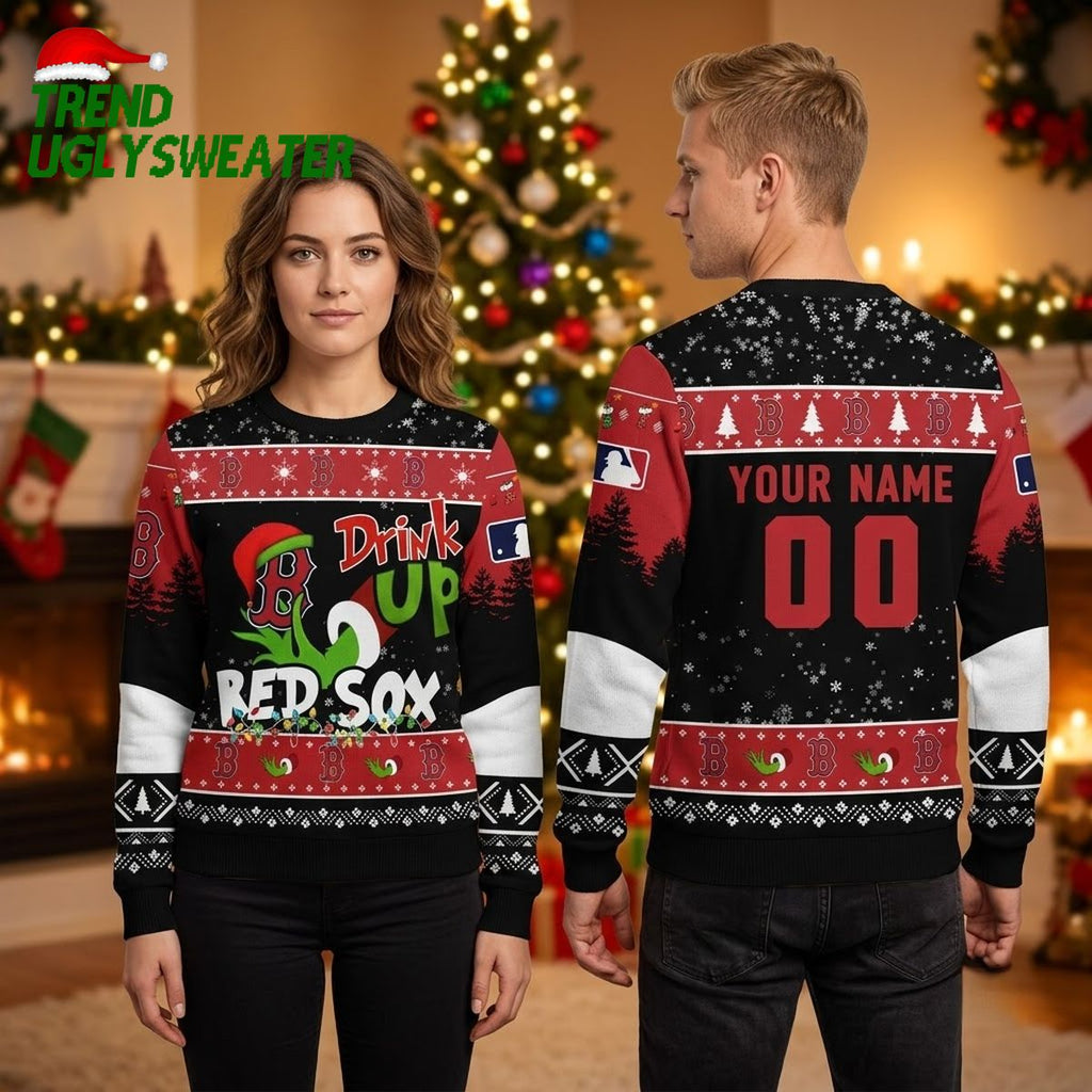 Boston Red Sox Grinch Drink Up Custom Name And Number Ugly Christmas Sweater