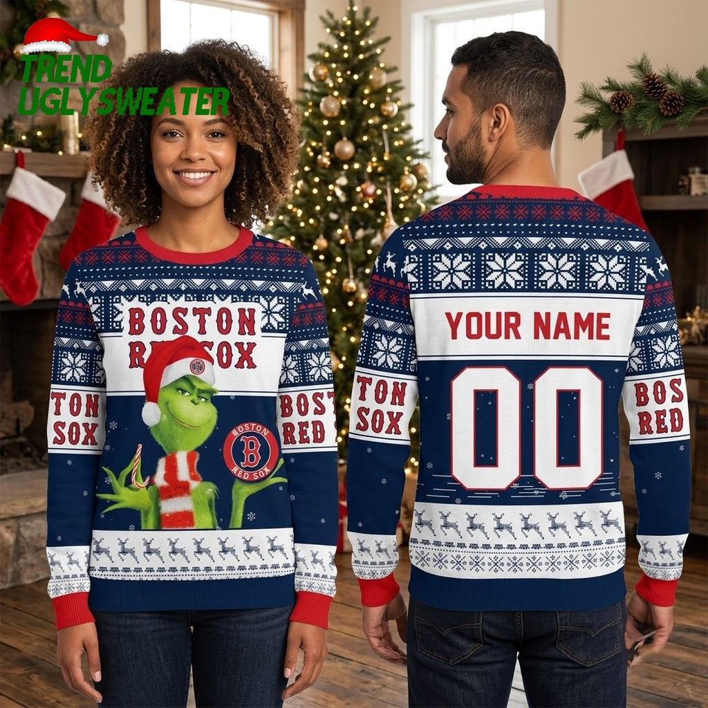 Boston Red Sox Grinch Santa Hat Personalized Custom Name And Number Ugly Christmas Sweater