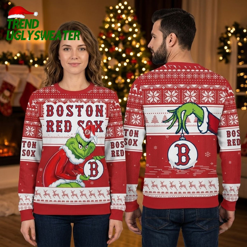 Boston Red Sox Grinch Wearing Santa Hat Boston Red Sox Logo Ugly Christmas Sweater