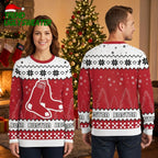 Boston Red Sox Hanging Socks Christmas Pattern Christmas Trees And Snowflakes Ugly Christmas Sweater