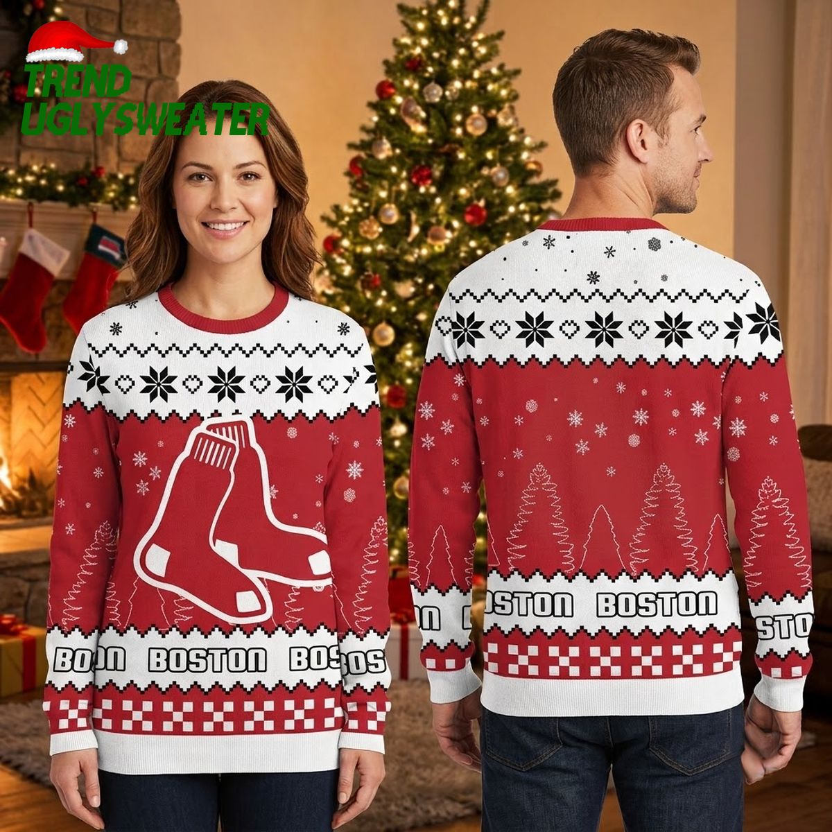 Boston Red Sox Hanging Socks Christmas Pattern Christmas Trees And Snowflakes Ugly Christmas Sweater