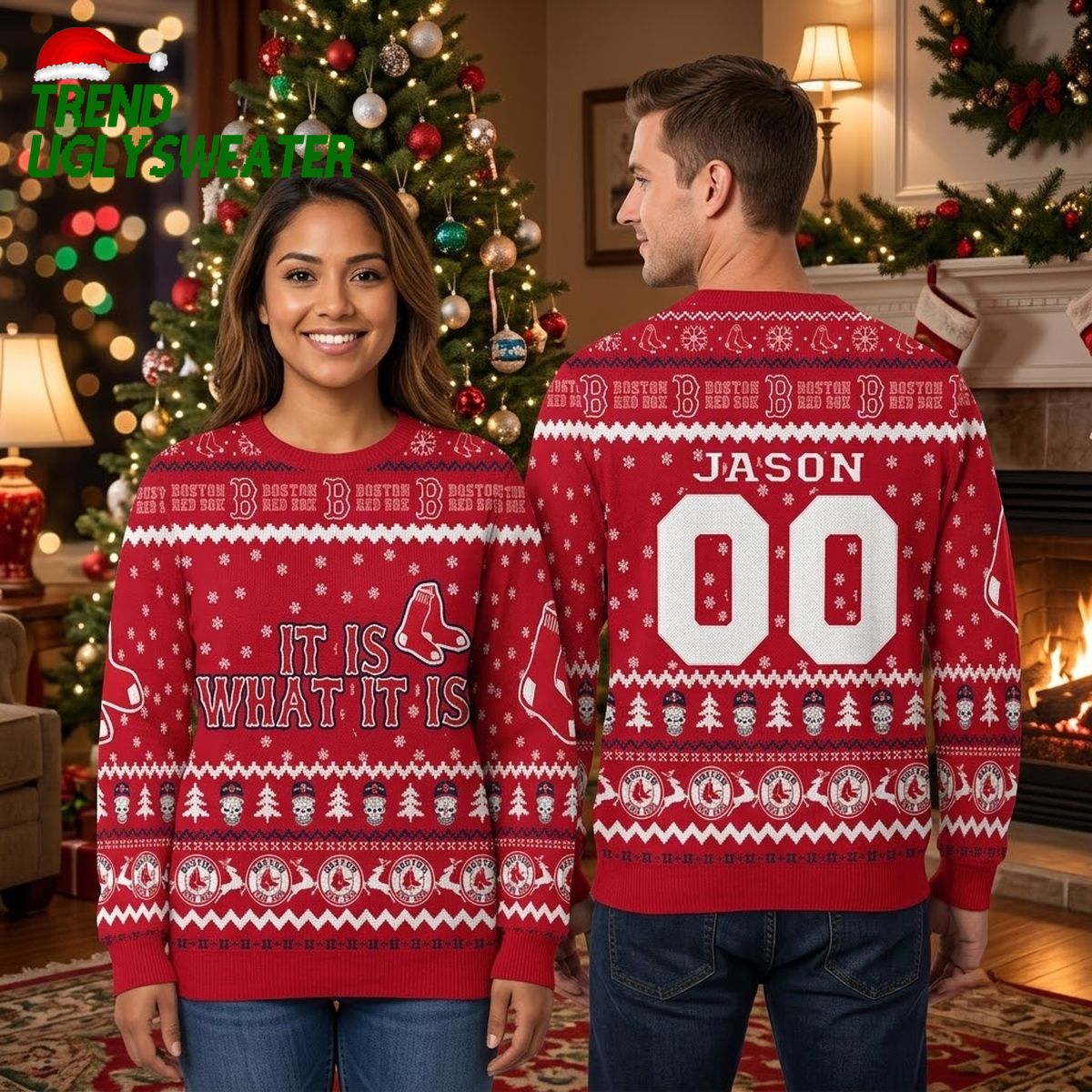 Boston Red Sox It Is What It Is Personalized Name And Number Ugly Christmas Sweater
