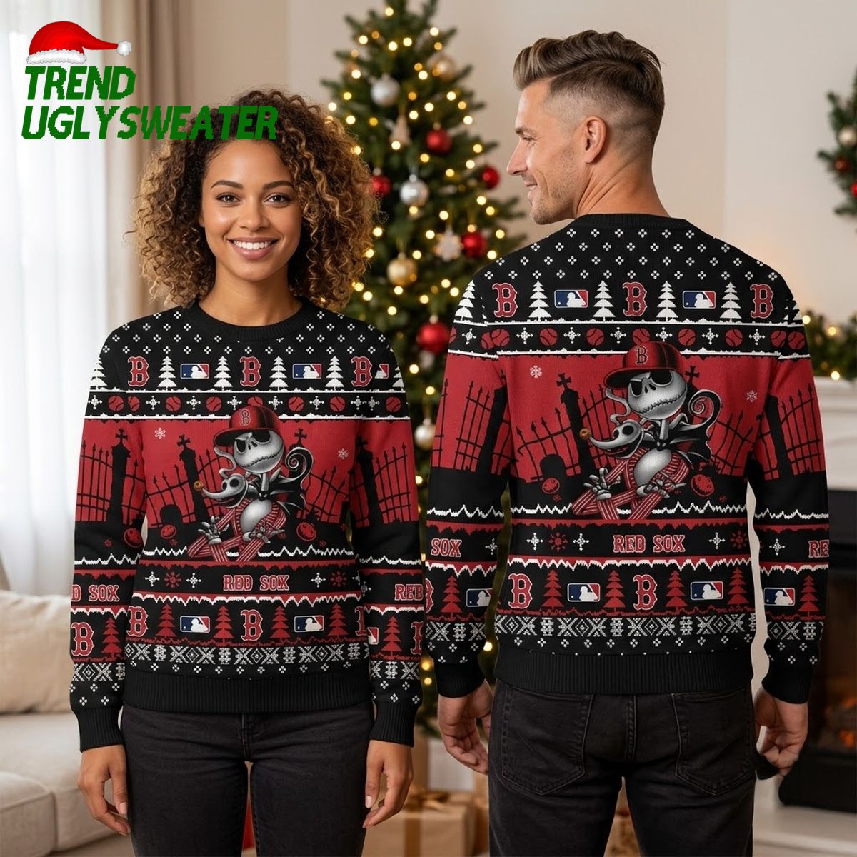 Boston Red Sox Jack Skellington Baseball Ugly Christmas Sweater