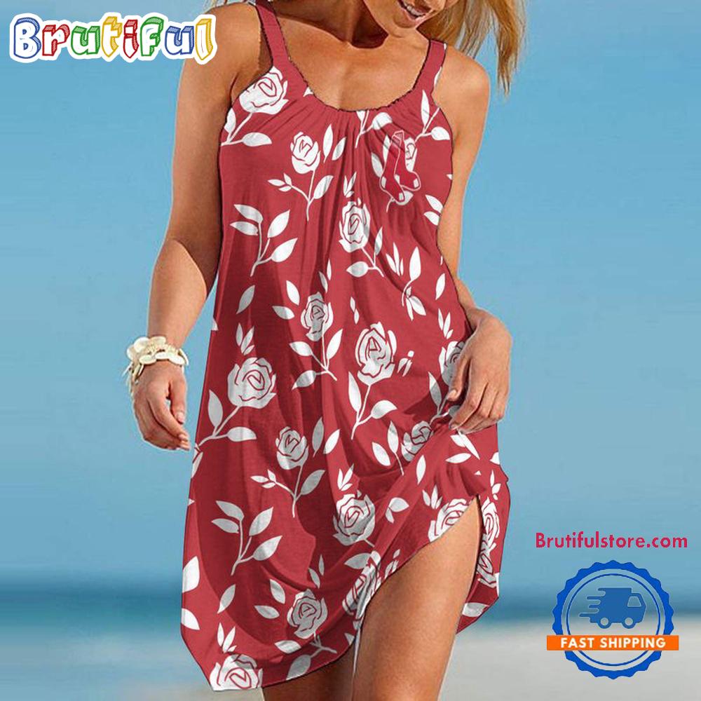 Boston Red Sox Rose Pattern Women’s Summer Beach Sling Dress