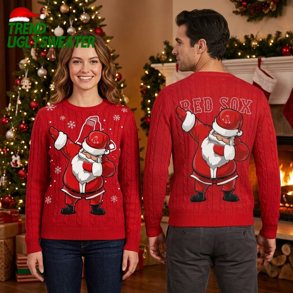 Boston Red Sox Santa Dab Snowflakes Ugly Christmas Sweater