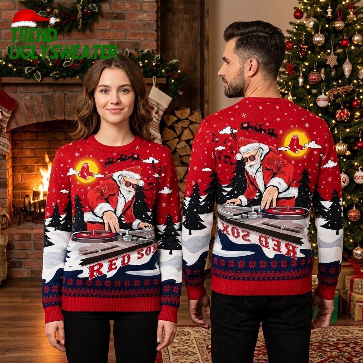 Boston Red Sox Santa DJ Turntable Ugly Christmas Sweater