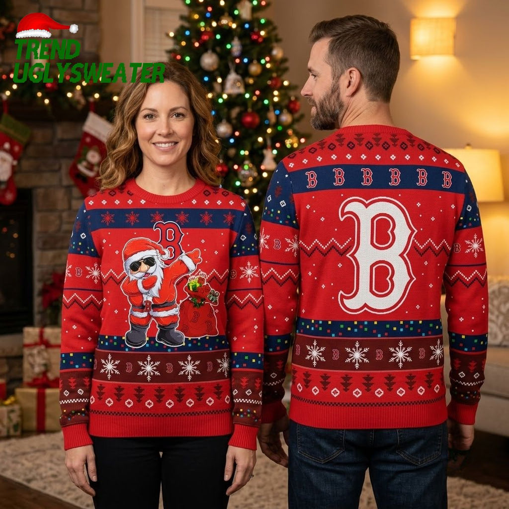 Boston Red Sox Santa With Gift Sack Boston Red Sox Letter B Ugly Christmas Sweater