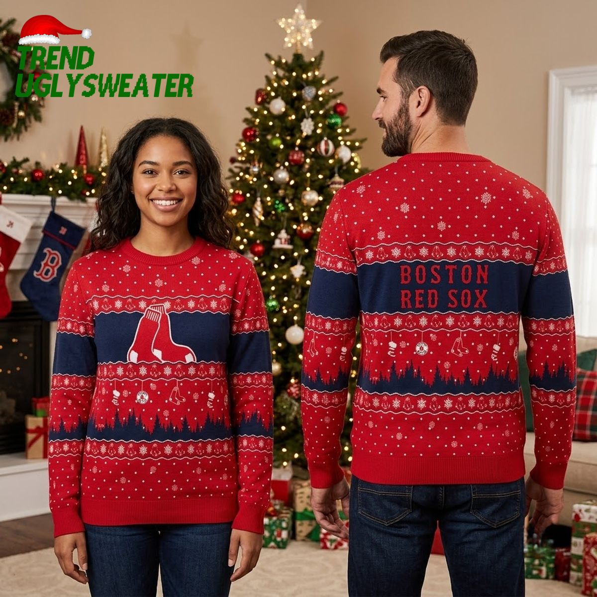 Boston Red Sox Sock Logo Snowflake Snowflake Pattern Ugly Christmas Sweater