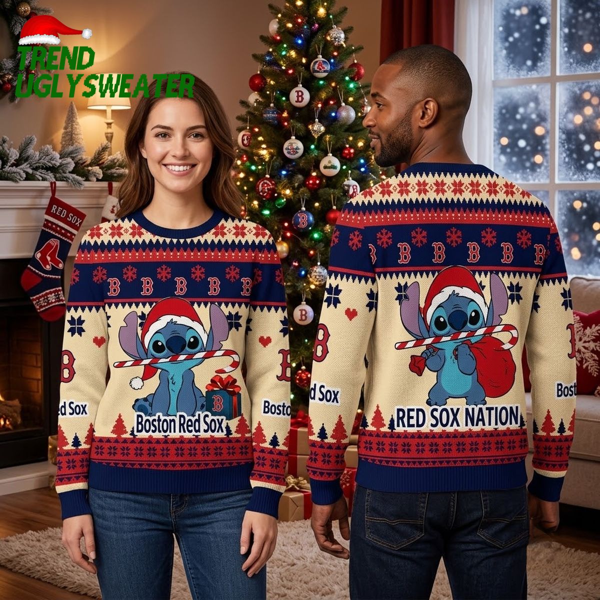 Boston Red Sox Stitch Candy Cane Navy Blue And Cream Ugly Christmas Sweater