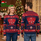 Boston Red Sox Stocking Logo Custom Name Red And Navy Ugly Christmas Sweater