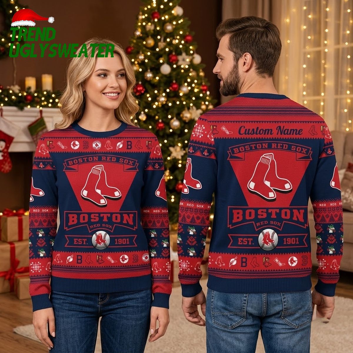 Boston Red Sox Stocking Logo Custom Name Red And Navy Ugly Christmas Sweater