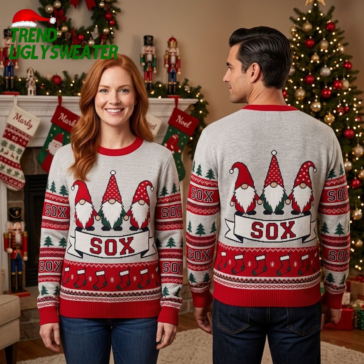 Boston Red Sox Three Christmas Gnomes White Ugly Christmas Sweater