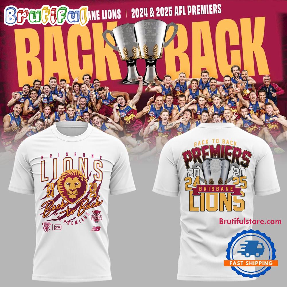 Brisbane Lions AFL 2025 Back-to-Back PREMIERS White T Shirt