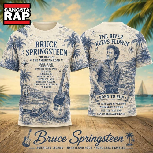 Bruce Springsteen Born to Run Illustrated Beach Scene 2026 Vintage 3D Shirt
