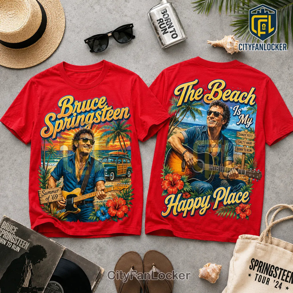 Bruce Springsteen The Beach Is My Happy Place Red T-Shirt