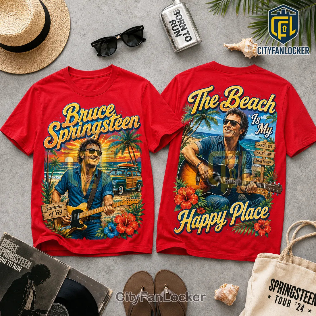 Bruce Springsteen The Beach Is My Happy Place Red T-Shirt